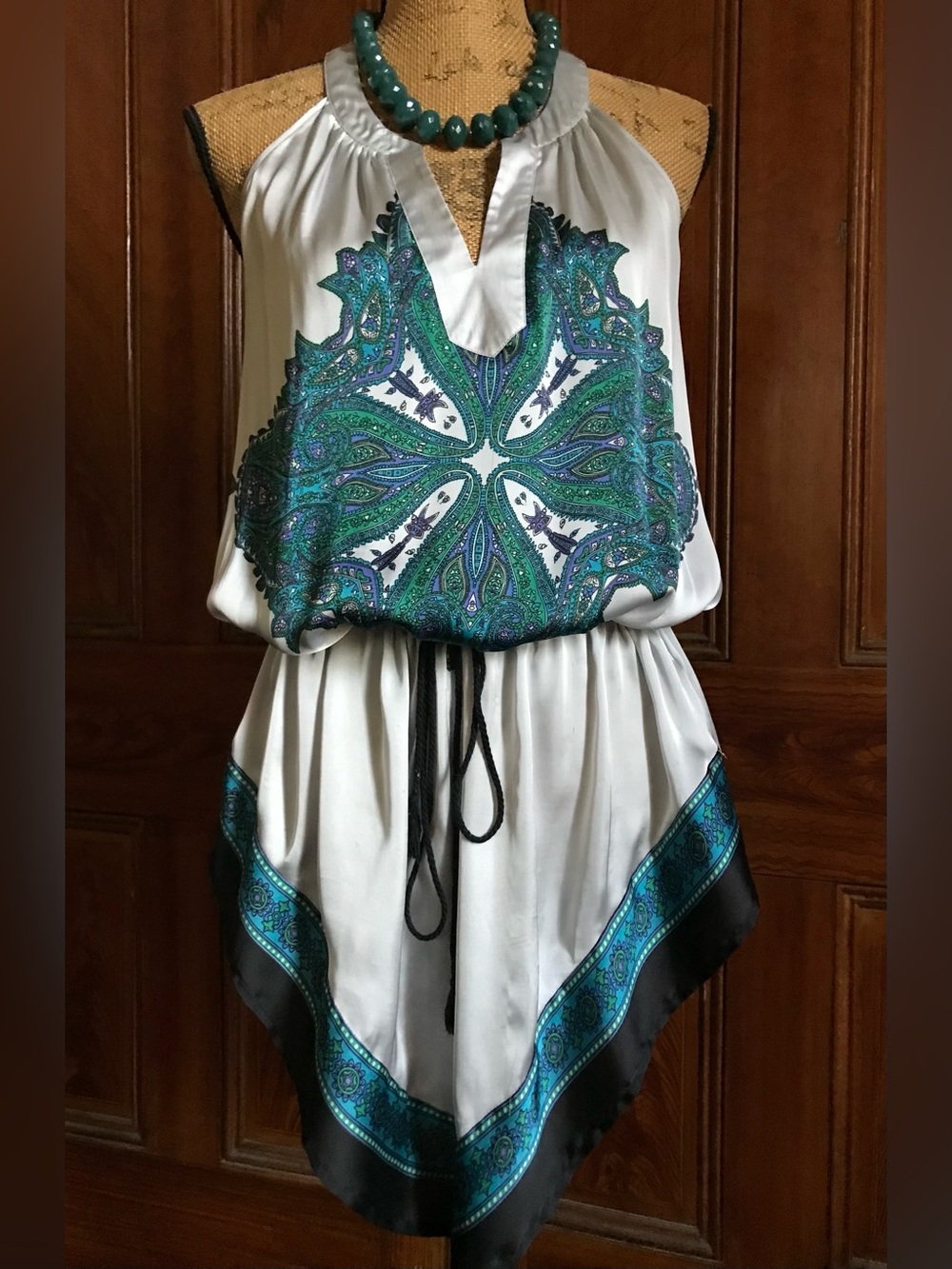 Vintage Boho Hippie Satin Paisley Tunic Blouse Mini Dress